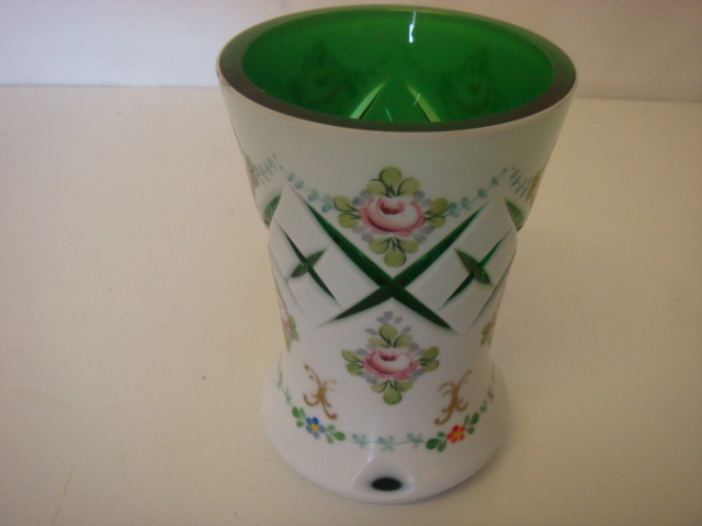 Continental Cut Overlay Milk & Green Glass Vase with Painted Rose Decoration