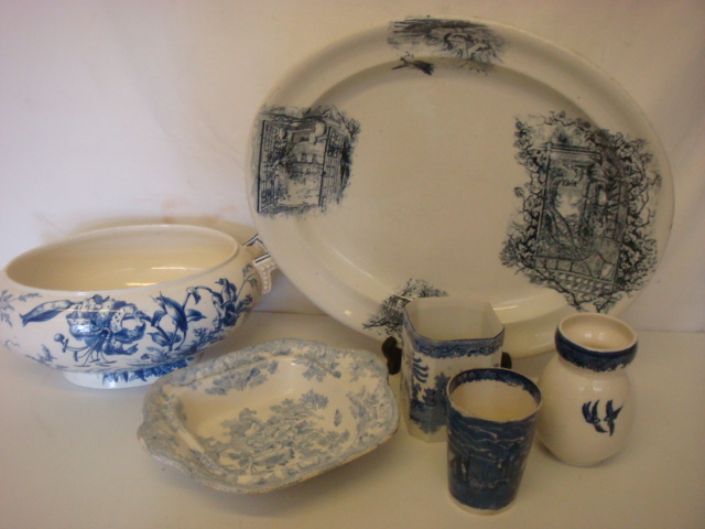 Blue & White Meat Plate, Two Tureens, Wedgewood Beaker + Two Others