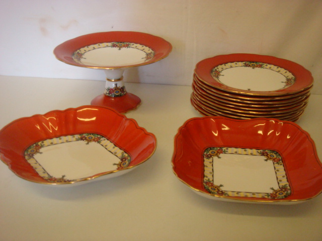 Aynsley Maple Desert Service with Eleven Matching Plates + One + Taza + Square & Diamond Shape
