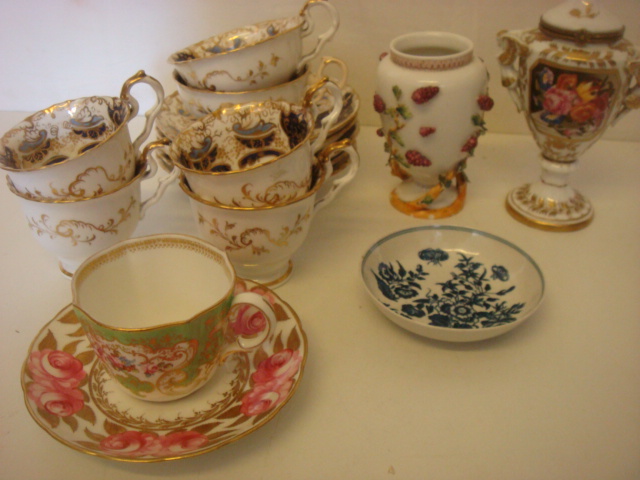 Six Rockingham Cups & Saucers, Worcester Blue & White Saucer, Covered Vase & One Others & Gilt Cup &