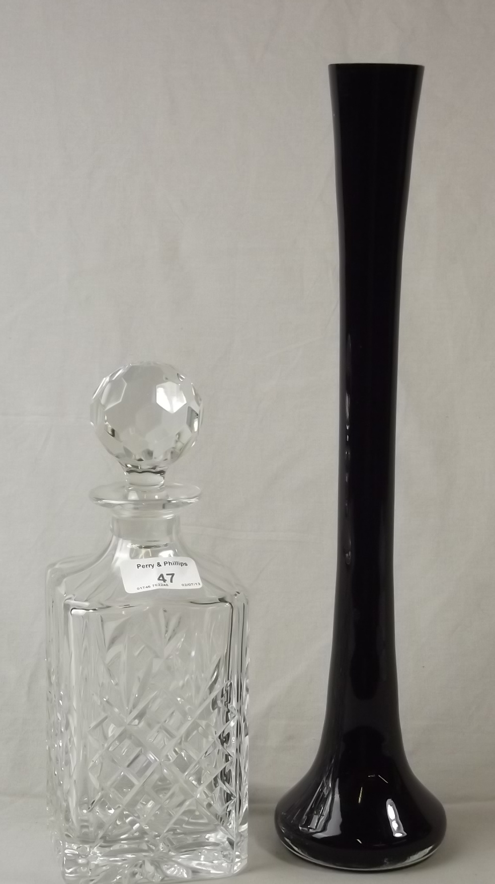 Hobnail Cut Whiskey Decanter and a 16" Coloured Glass Vase