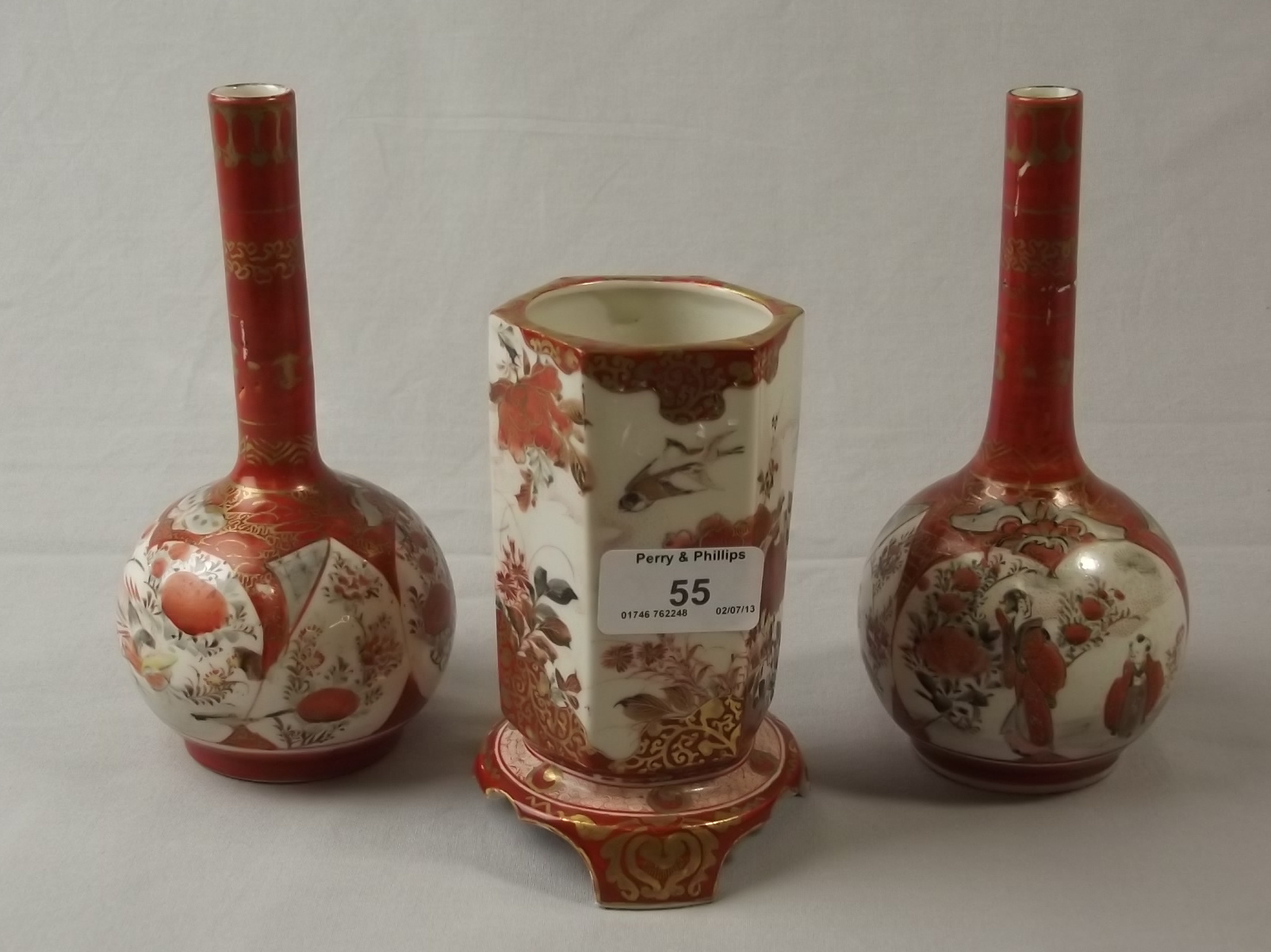 19th Century Satsuma Hexagonal Vase and a Pair of Bud Vases (one AF)