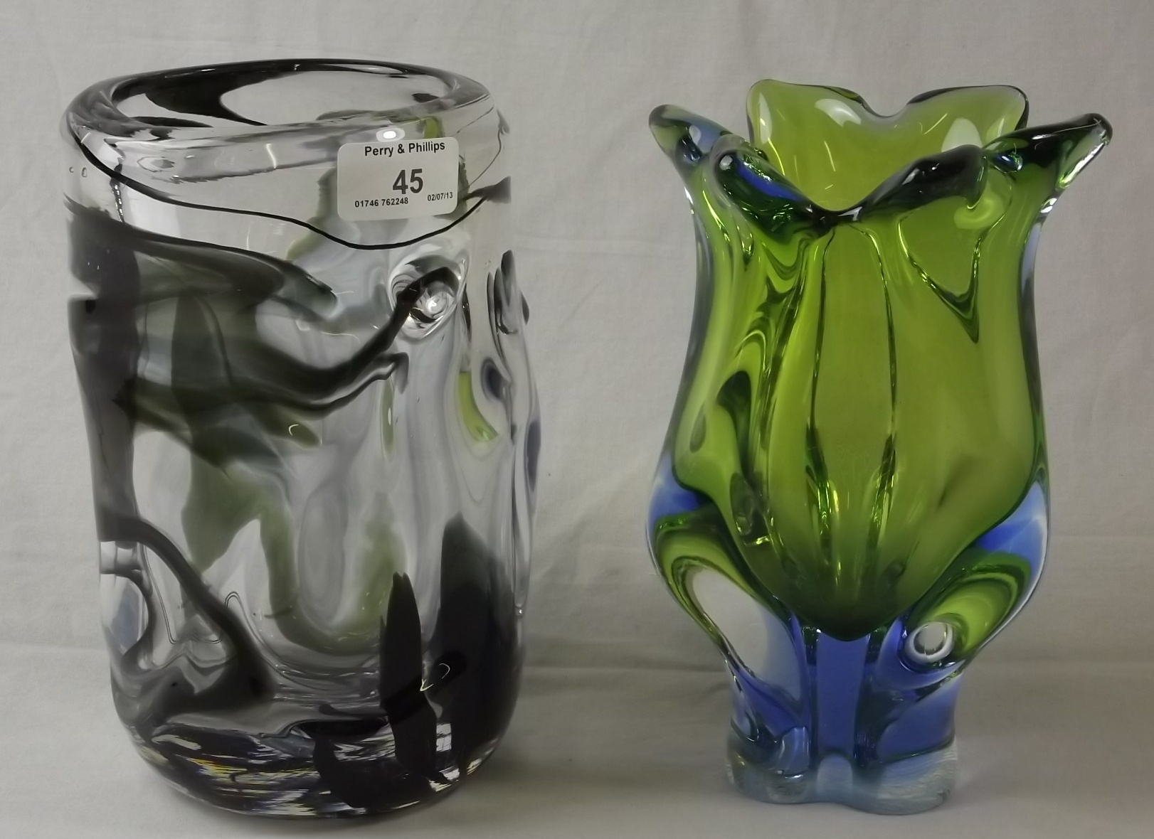 Murano Glass Vase 8" tall and a Studio Glass Vase 8.5" tall