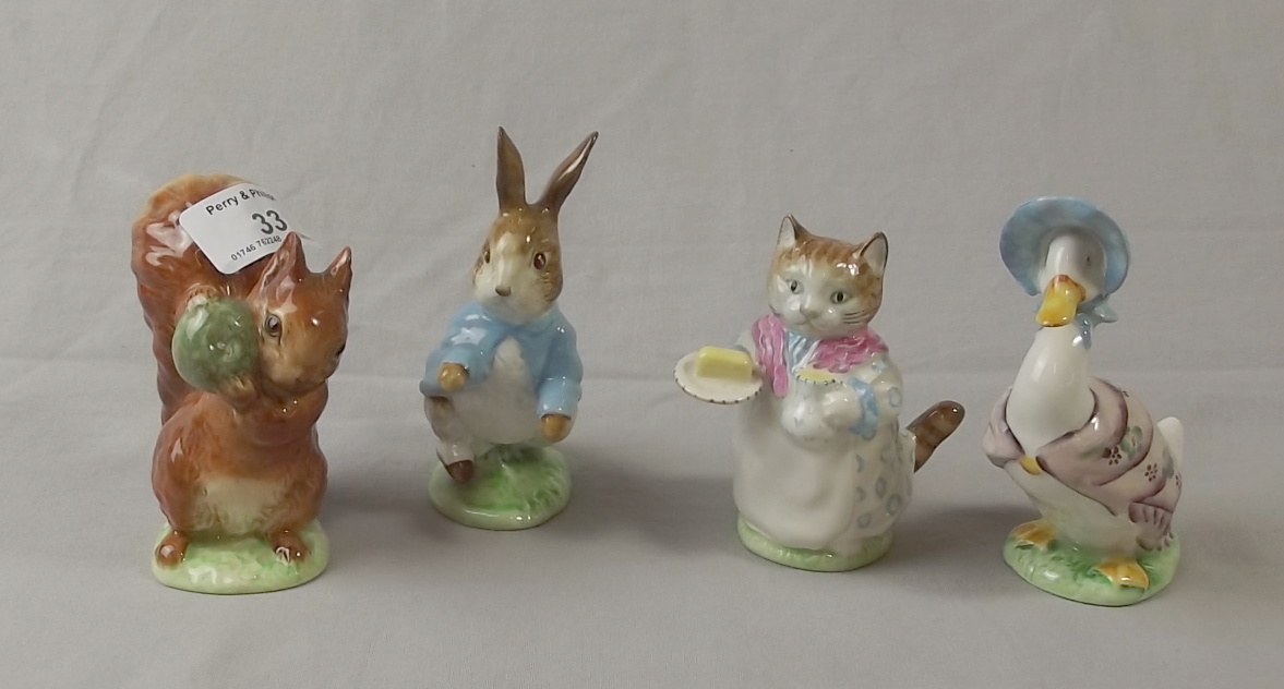 Four Beswick Beatrix Potter Figures - Peter Rabbit, Ribby, Jemima Puddleduck and Squirrel Nutkin