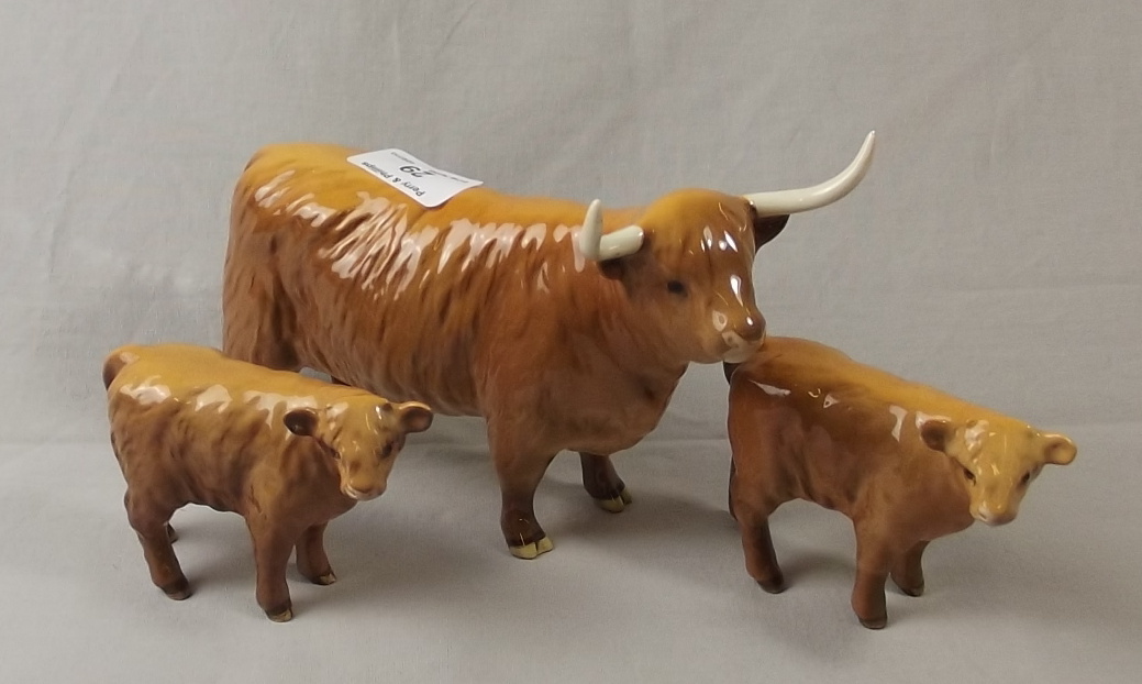 Beswick Highland Cow and Two Calves models 1740 and 1827D, in Gloss