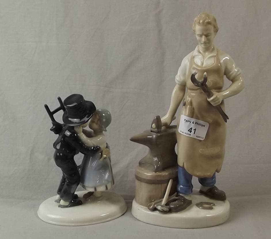 German Porcelain Figure Boy & Girl and a Larger German Figure of a Blacksmith