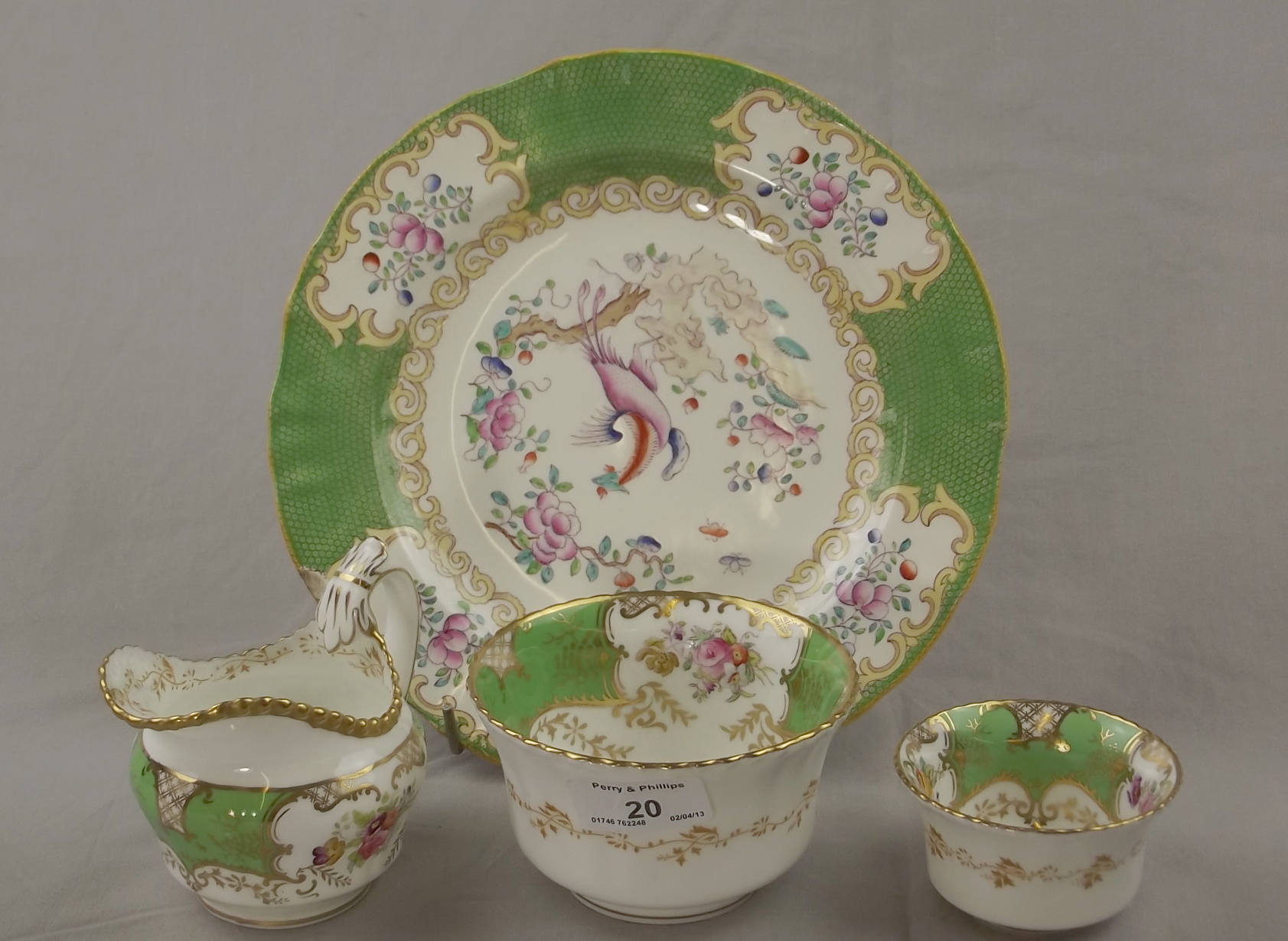 Three Pieces of Coalport Green Batwing and a Similar Minton Plate.