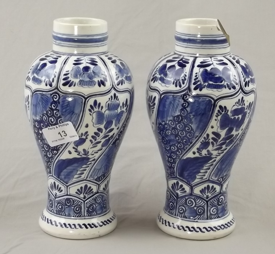 Pair of 9" Delft Blue & White 19th Century Vases (one AF).