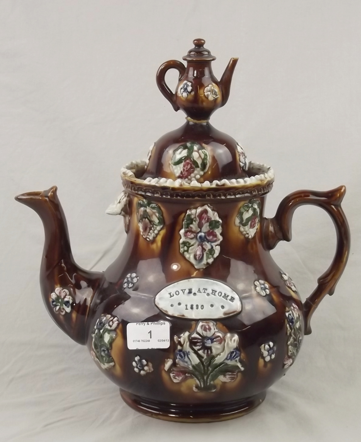 Bargeware Teapot 12" tall bearing the Inscription "Love at Home" 1890 (lid repaired).