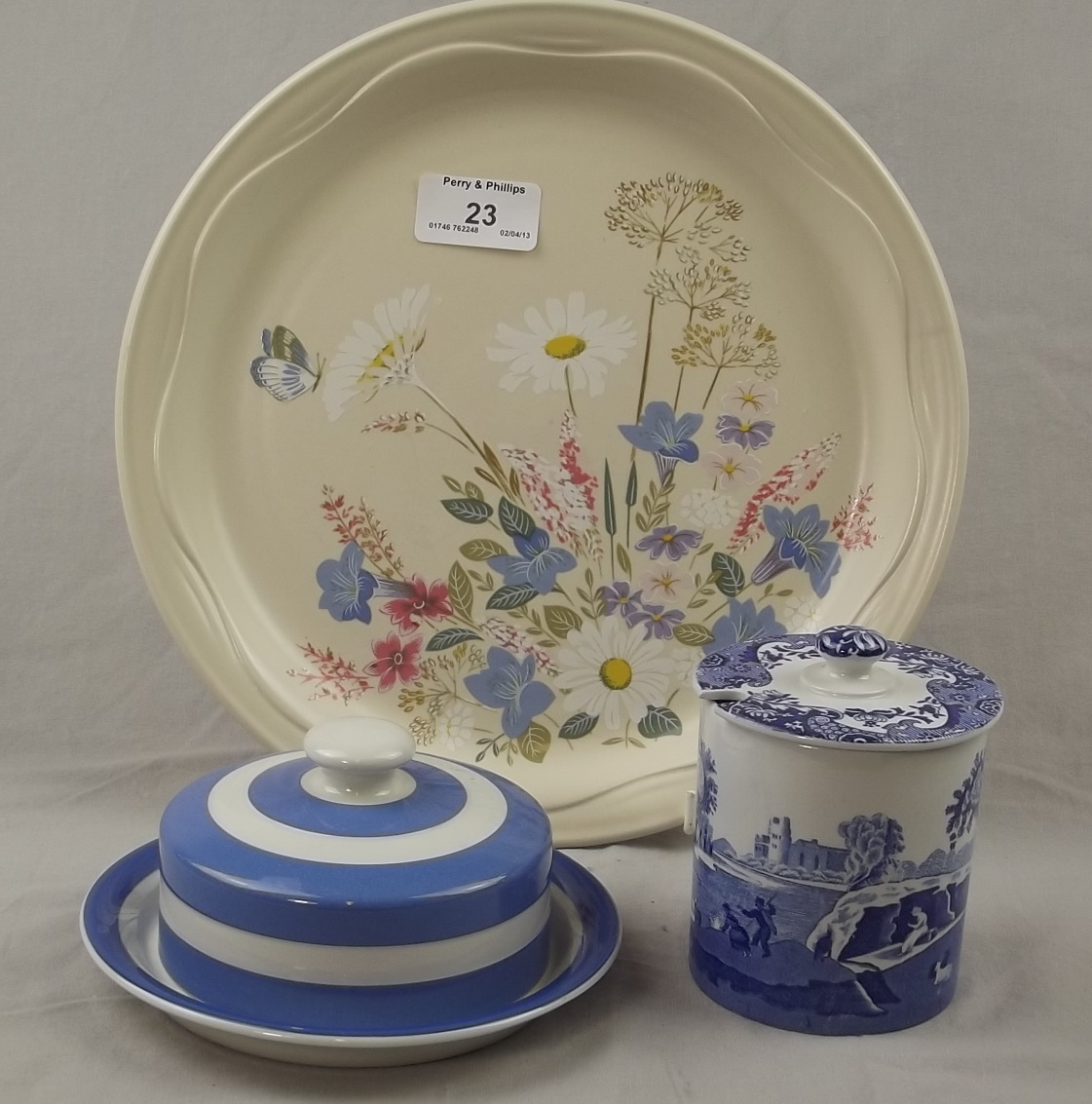 Poole Pottery "Spring Time Plate", James Kent Cornishware Butter Dish and a Spode Jam Pot.