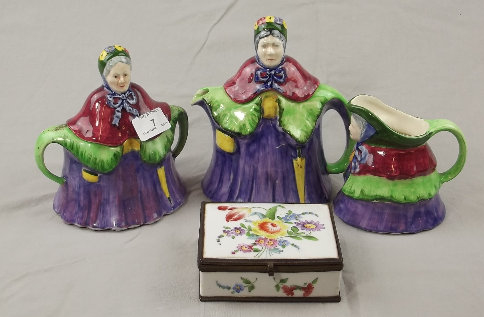 Staffordshire Mrs Toby Teaset and a Trinket Box.