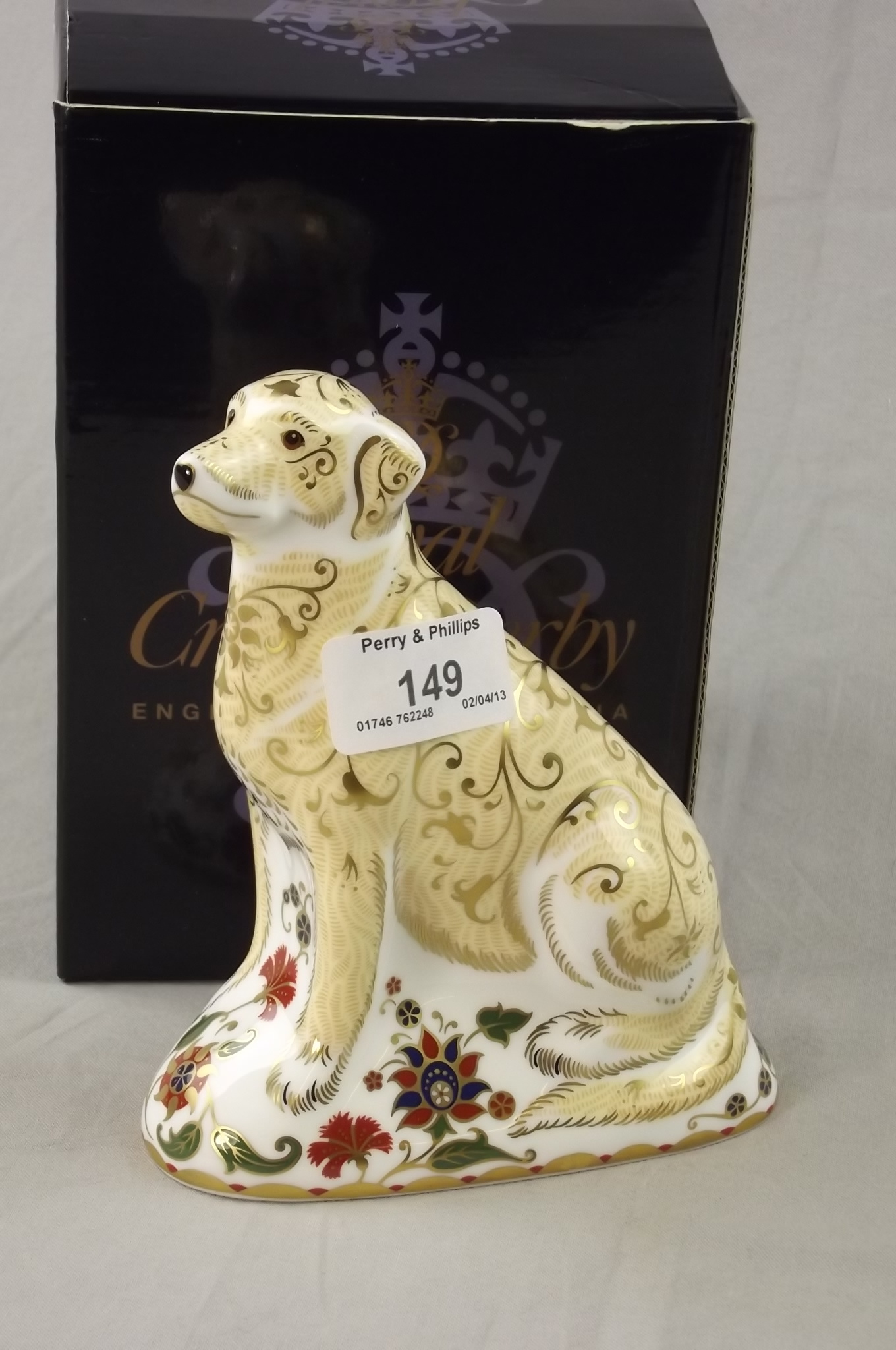 Royal Crown Derby Paperweight 6" Figure of "Labrador" with Gold Button and Box.