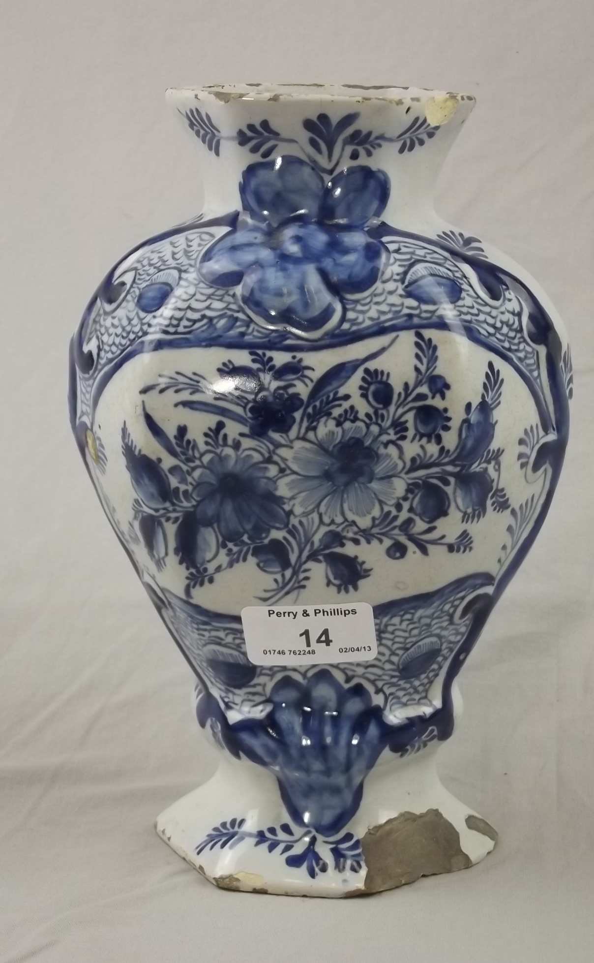 18th Century Delft Blue & White Vase Decorated with Flowers - several chips.