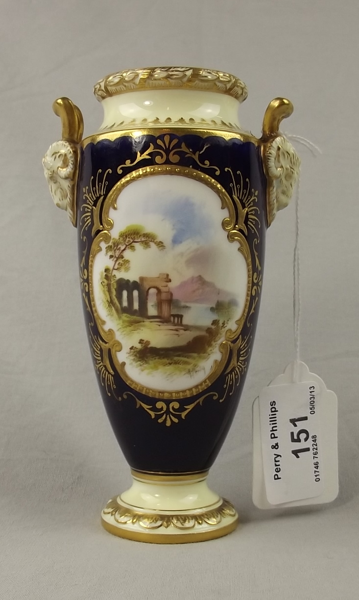 Coalport Amphora Shaded Vase with Hand Painted Classical Scene - signed A Perry 5.5" tall (AF)