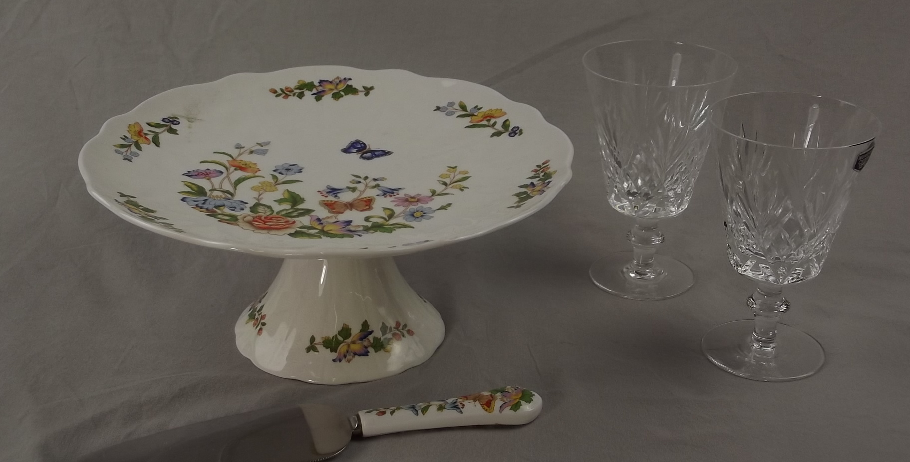 Aynsley Cake Stand and Cake Knife "Cottage Garden" and Two Wordsley Crystal Goblets