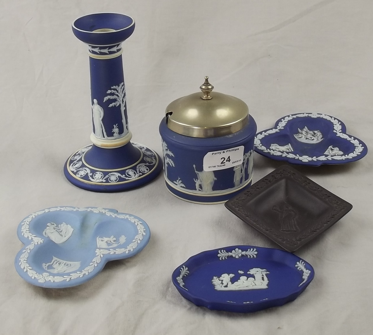 Six Pieces of Wedgwood Jasper Ware including Candlestick, Honey Pot and Four Trinket Dishes