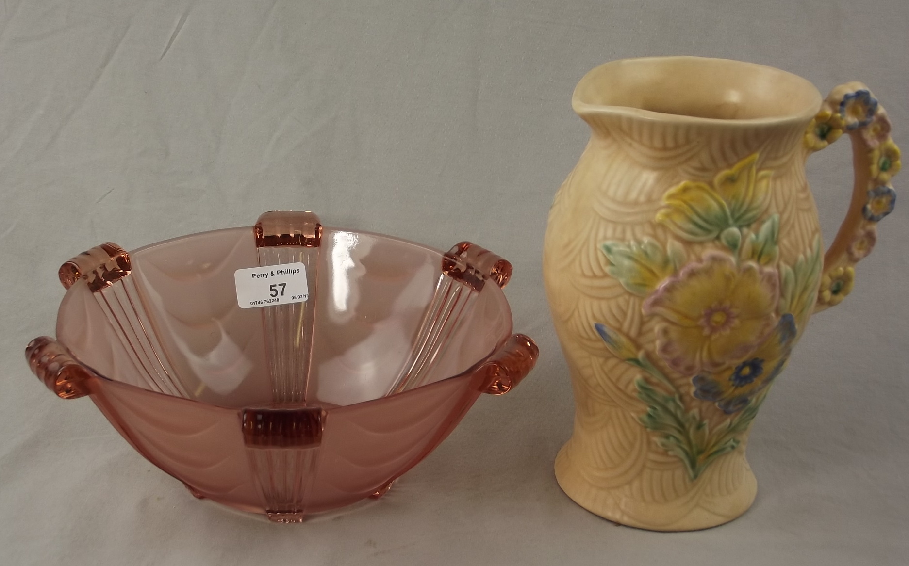 Arthur Woods Molded Jug and a Pink Glass Bowl