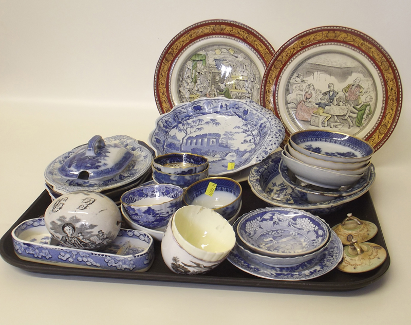 Collection of Staffordshire underglaze blue transfer printed ware, including teabowls and saucers,