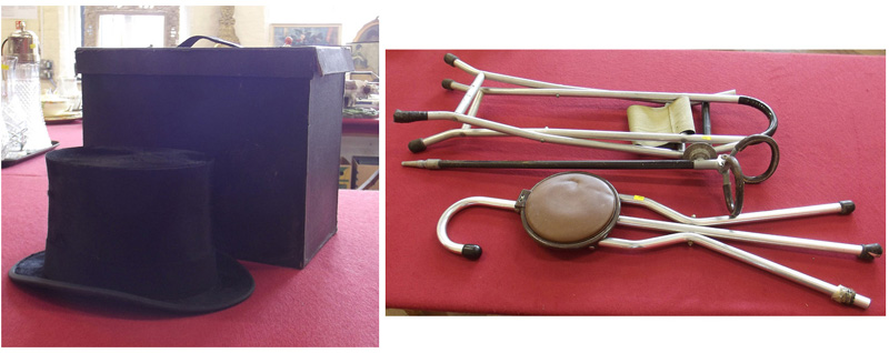 Woodrow and Sons boxed top hat,the OK shooting stick, Gamebird stick stool and a folding stool