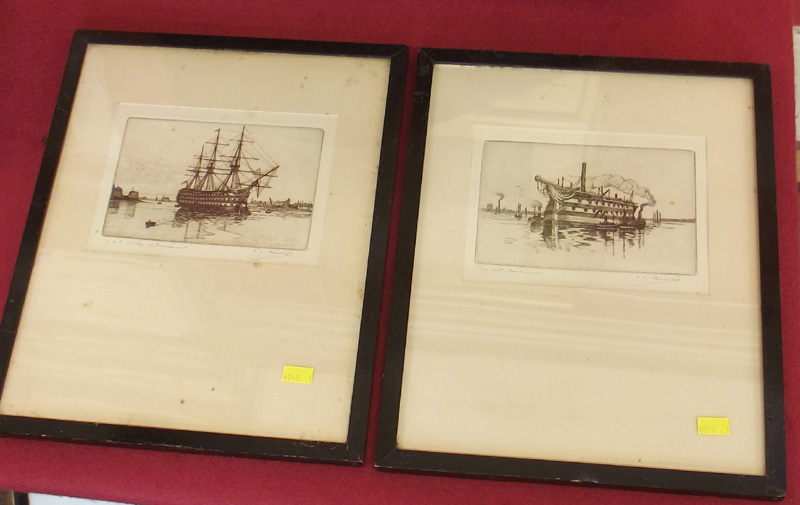 Two etchings of HMS Victory and one other. Condition report: see terms and conditions.