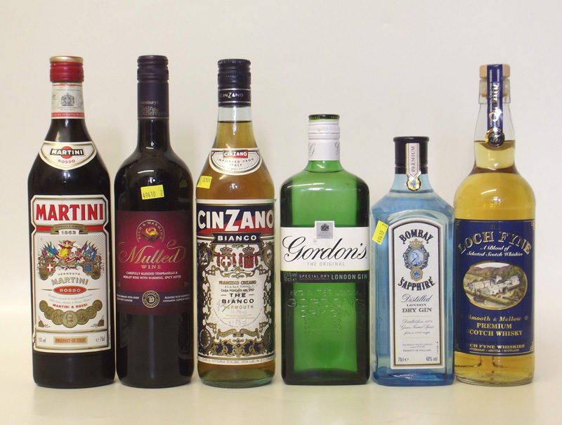 Six bottles to include Loch Fyne Scotch, Bombay Sapphire Gin, Gordons Gin, Martini Roso, Cinzano