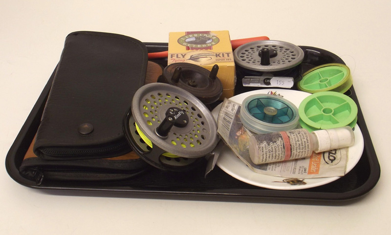 Bag of fly fishing items including three reels, fly tying equipment etc. Condition report: see terms