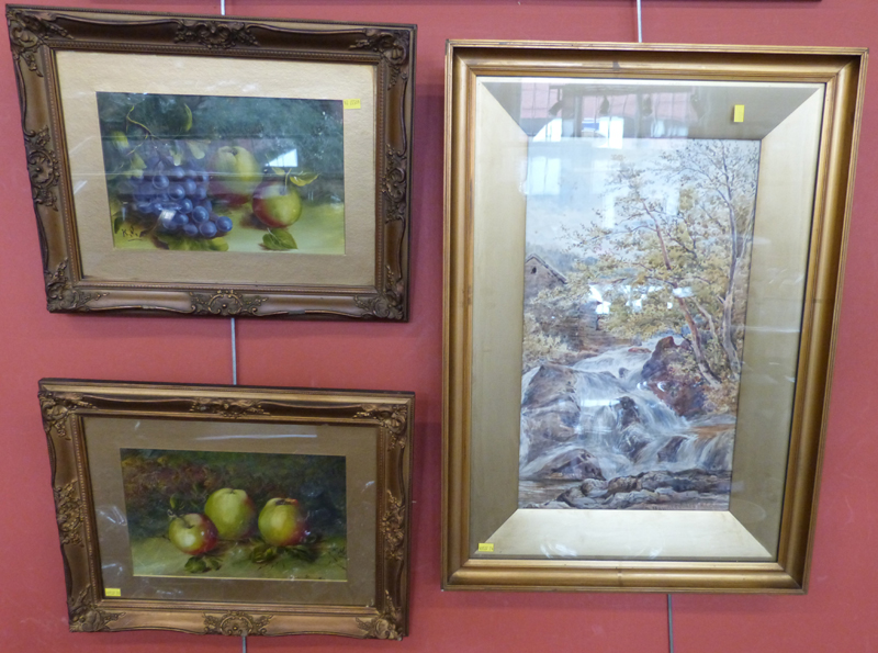 Watercolour of a Waterfall and 2 other paintings of Fruit Condition report: see terms and