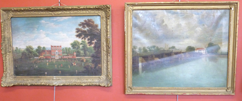 19th century Continental School, Wooden water barrier, oil on canvas and a cricket print.