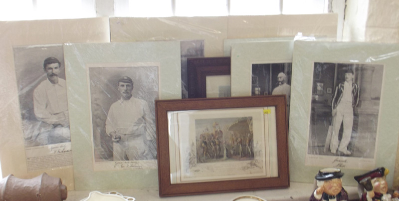 8 Cricketing photos, framed hockey print and print "submission of the maharrajah dhulees singh"