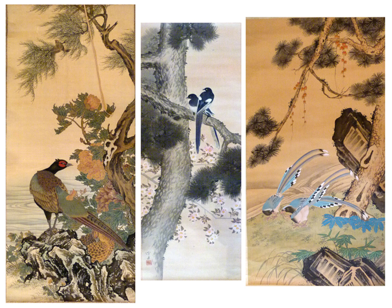 Three Japanese painted silk scrolls of a pair of magpies perched on a bough, painted area 111 x