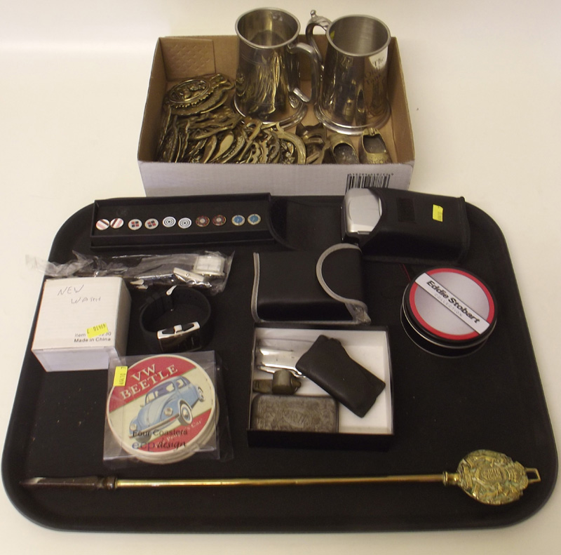 Collection of items to include brass horse brass, pewter tankards, two sets of maps, cigarette