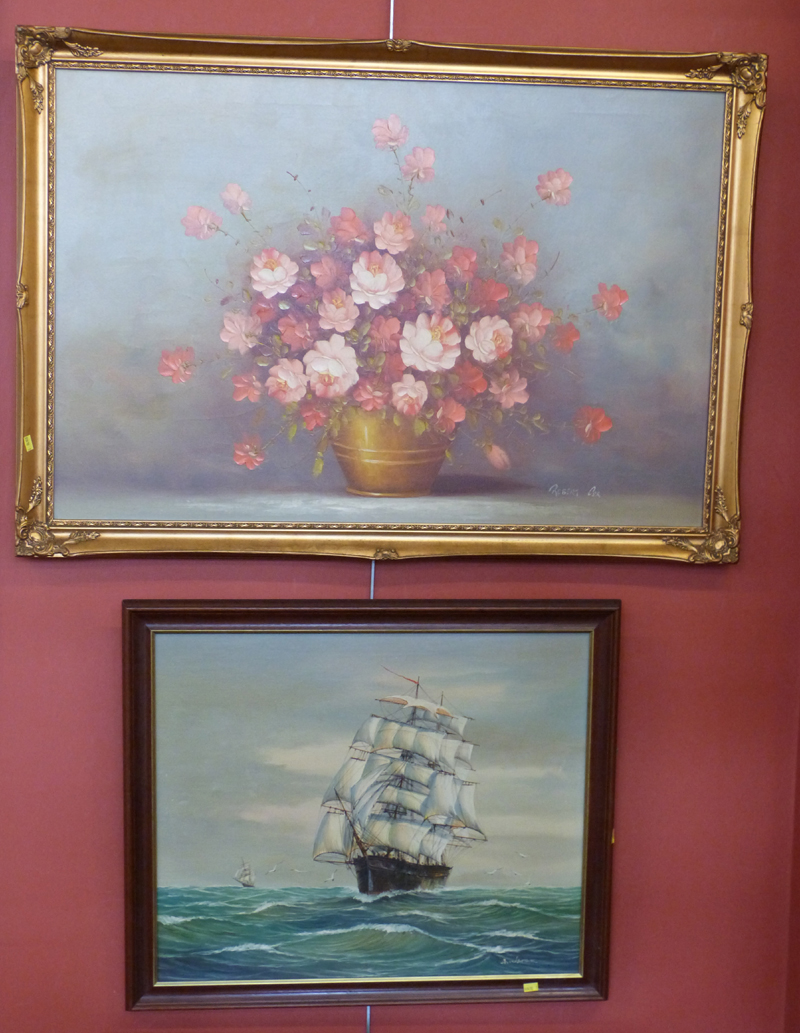 Oil on canvas painting of a tall ship, also a painting of a vase of flowers signed Ambrose and