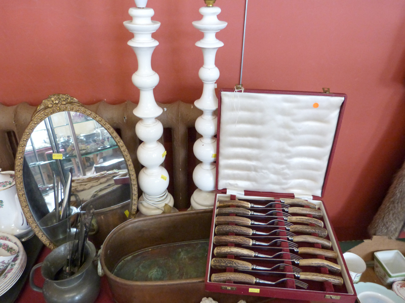 Pair of White 1960`s Table Lamps, Copper Planter,Steak Knives etc Condition report: see terms and