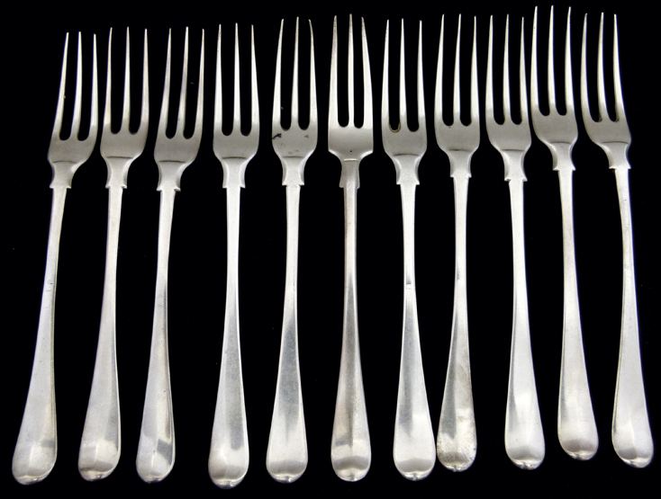 Eleven silver fiddle pattern forks with three tines, ten by Paul Callard, London 1763 and another