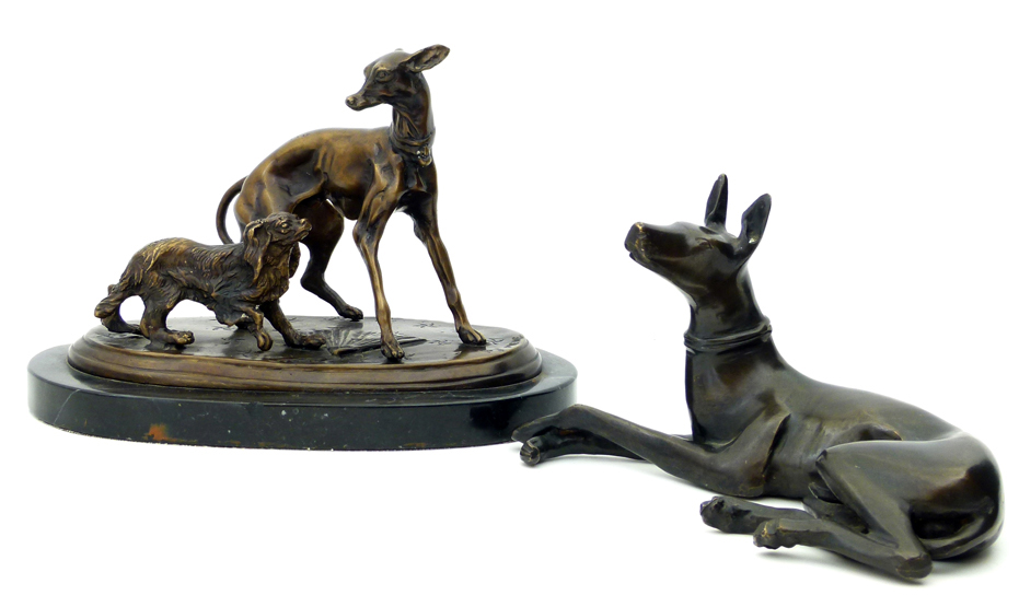 Golden bronze group after PJ Mene , 20th century, of a spaniel and a whippet at play with a fan on