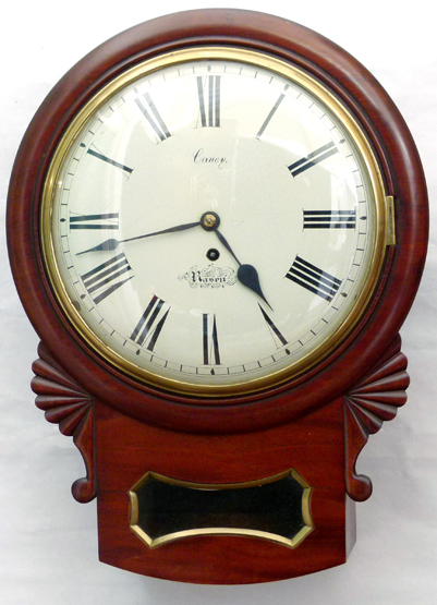 Mid-Victorian mahogany drop dial wall clock , the slightly domed white Roman dial named Caney, Rasen