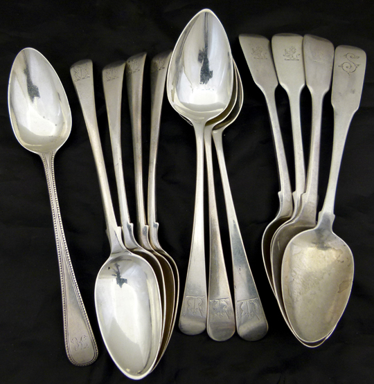 Four silver shouldered old English desseret spoons ,T&W Chawnwer, London 1762 , and eight other