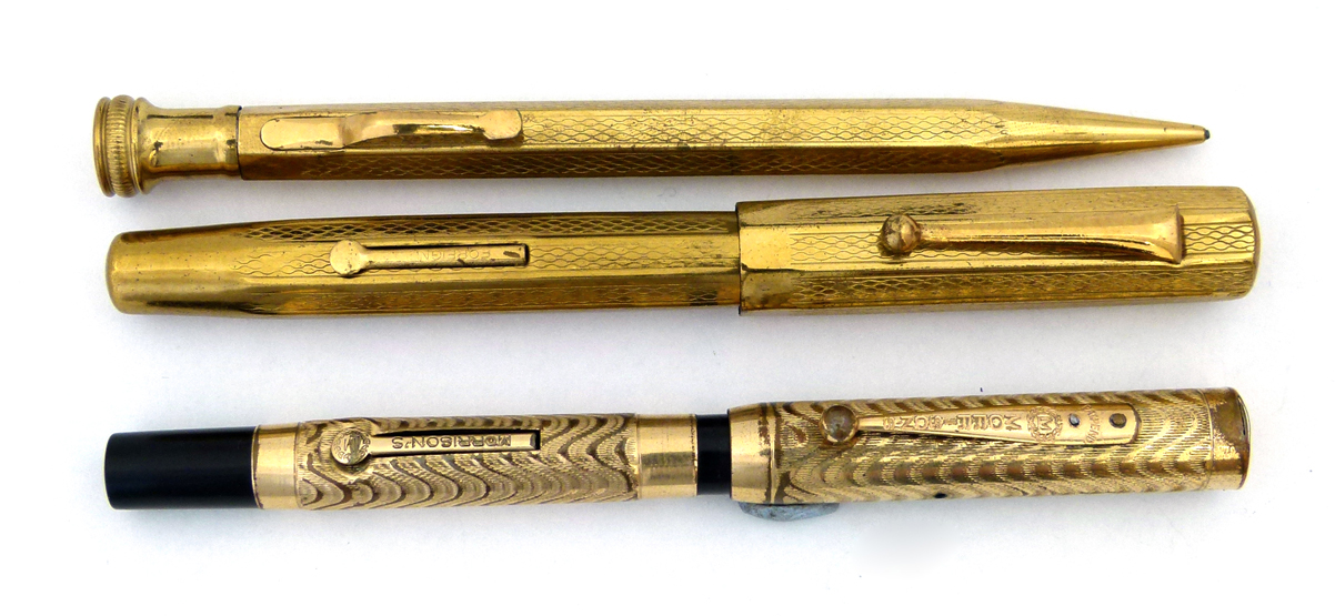 Morrison`s gold plated fountain pen with wave effect decoration and Morrison 14k No.4 nib, in a