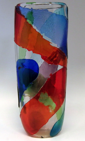 Large Venini Murano vase decorated with splashes of coloured glass, etched marks to base, 61cm