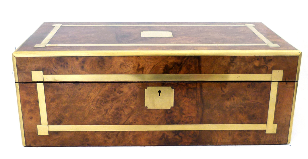 Burr walnut writing slope inset with brass , the interior fitted in the typical manner with three