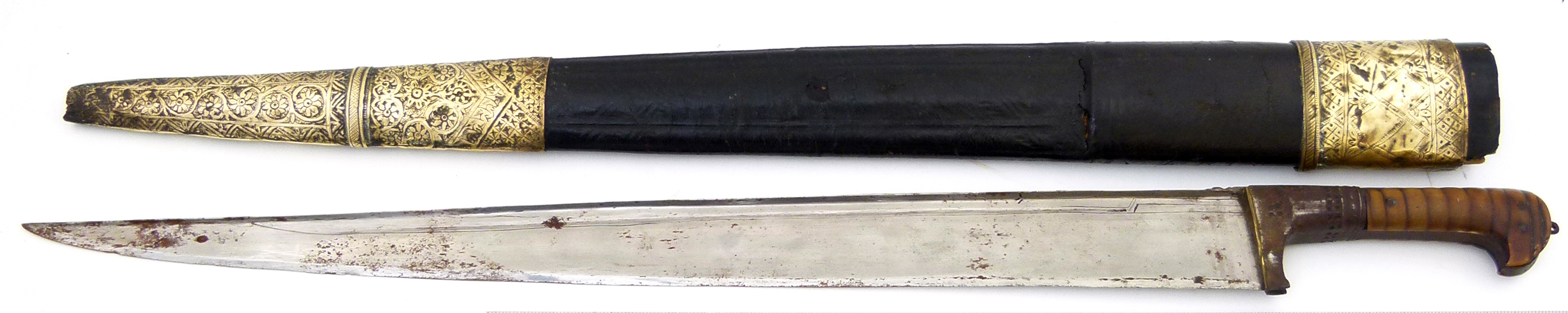 Afghan sword or Khyber knife and scabbard , mid 19th century, the tapering T section single-edged