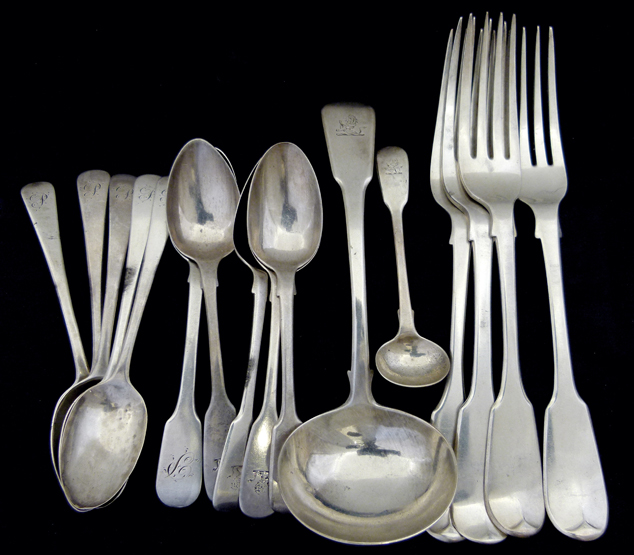 Mixed group of Georgian and Victorian silver flatware , various dates and makers: four table