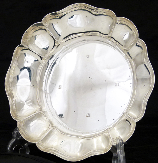 Silver shallow fruit bowl ,Barker Ellis, Birmingham 1967 , with fluted piecrust sides, diameter