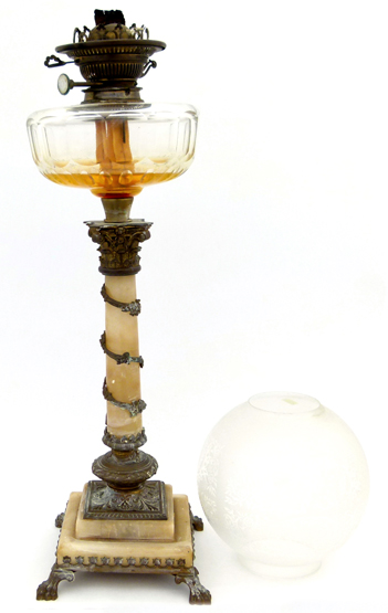 Victorian Corinthian column table oil lamp , the alabaster stem with patinated mounts on a stepped