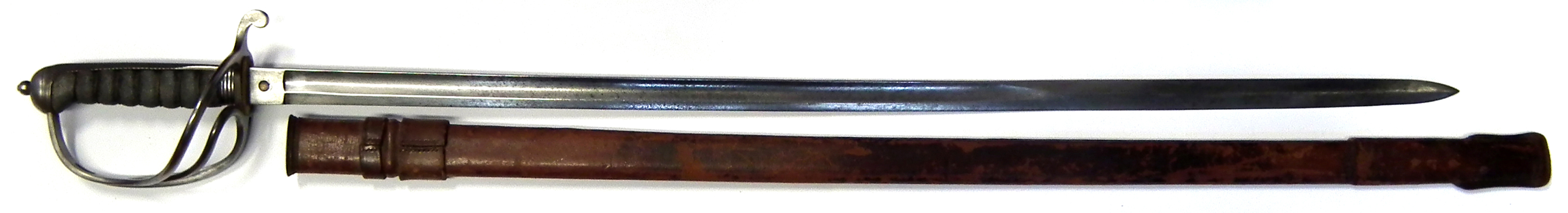 1822 pattern Light Cavalry sword the pommel marked with broad arrow, proved blade and leather