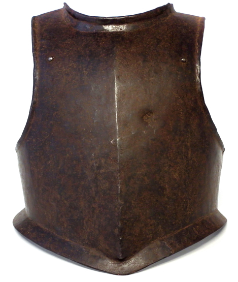 Cromwellian breastplate formed from a single sheet, with single shot proof to left breast. 41cm high