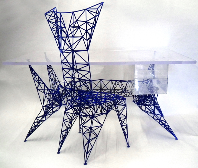 Tom Dixon `Pylon` desk and chair the welded wire frame covered with blue flock finish and fitted