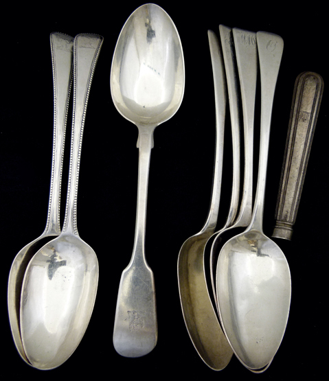 Seven various silver table spoons , late 18th - pre-Victorian, 15oz 1dwt in total (7)