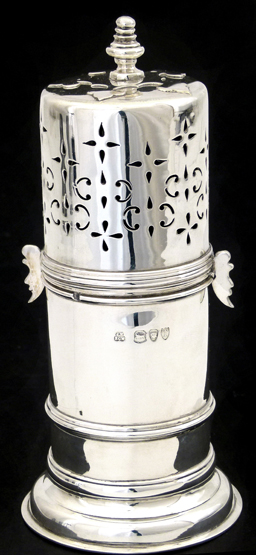 Silver lighthouse sugar caster, Wakely & Wheeler, London 1894 , the bayonet cover on a reeded body