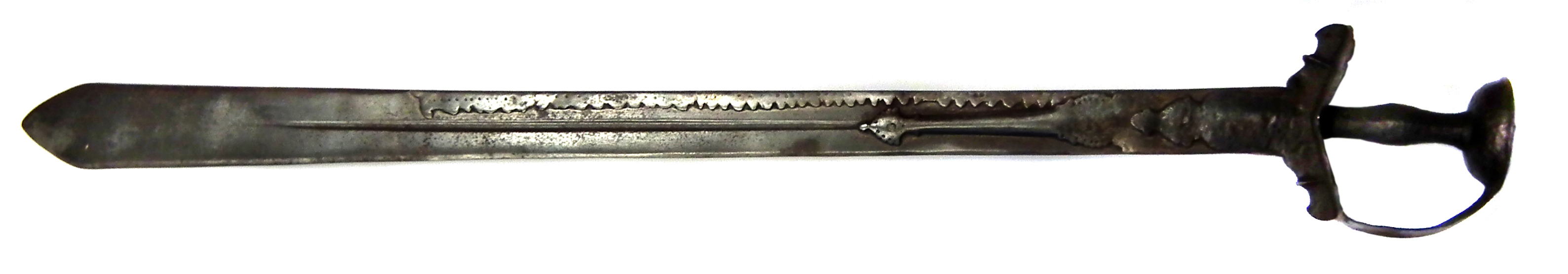 Firangi sword with Tulwar type hilt, the blade applied with decorative ironwork, (lacking lower